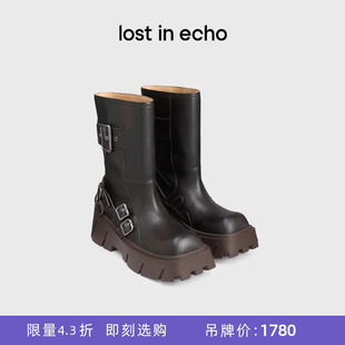[断码]lost in echo秋冬黑棕独特方头宽筒厚底增高机车靴短靴女