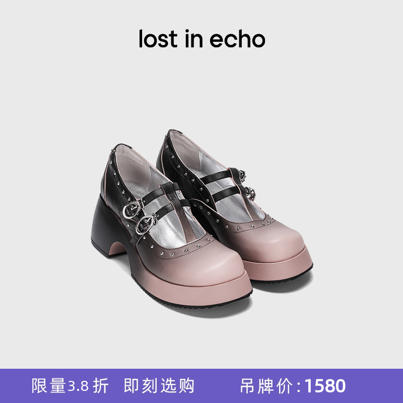 [断码]lost in echo圆头铆钉复古双扣带粗跟增高休闲玛丽珍鞋