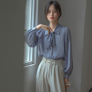 气质蝴蝶结衬衣蓝色雪纺衬衫 泡泡袖 女高级感飘带轻熟上衣 新款 秋装