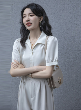 法式高级感上衣V领白色短袖衬衫女夏季新款翻领雪纺衫小个子衬衣
