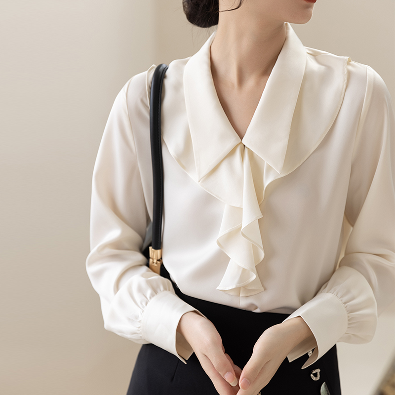 法式职业荷叶边缎面衬衫女