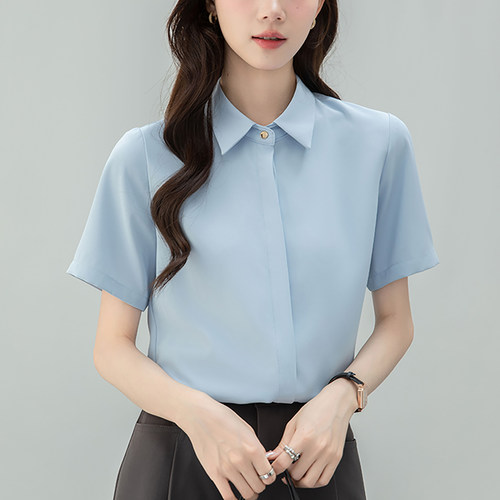 蓝色职业短袖衬衫女教资面试正装