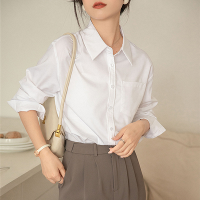 蓝色衬衫女春秋新款通勤POLO领