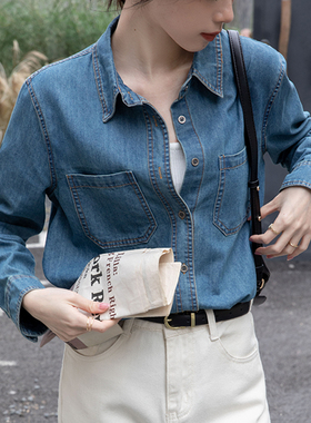 2026春秋新款复古做旧浅蓝色软牛仔衬衫女百搭小个子正肩叠穿衬衣