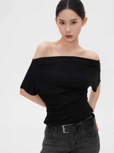【闭店清仓】 TXLYB 一字肩斜肩两穿休闲简约褶皱收腰上衣女