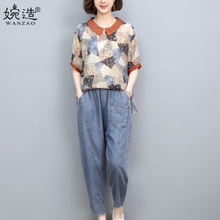 雪牛仔裤夏装一整套洋派女薄款妈妈中老年减龄两件套时尚纺衫2026