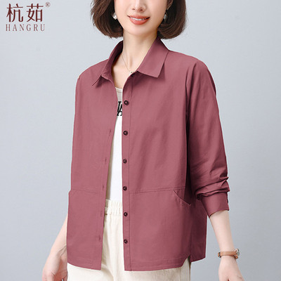 早秋宽松中年外套2025新款码洋纯棉长袖薄衬衣气大衬衫女妈妈上衣