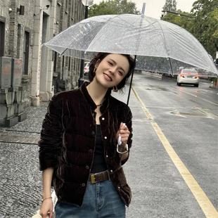 真丝丝绒白鸭绒羽绒服轻薄款立领新中式复古中国风短款金丝绒外套