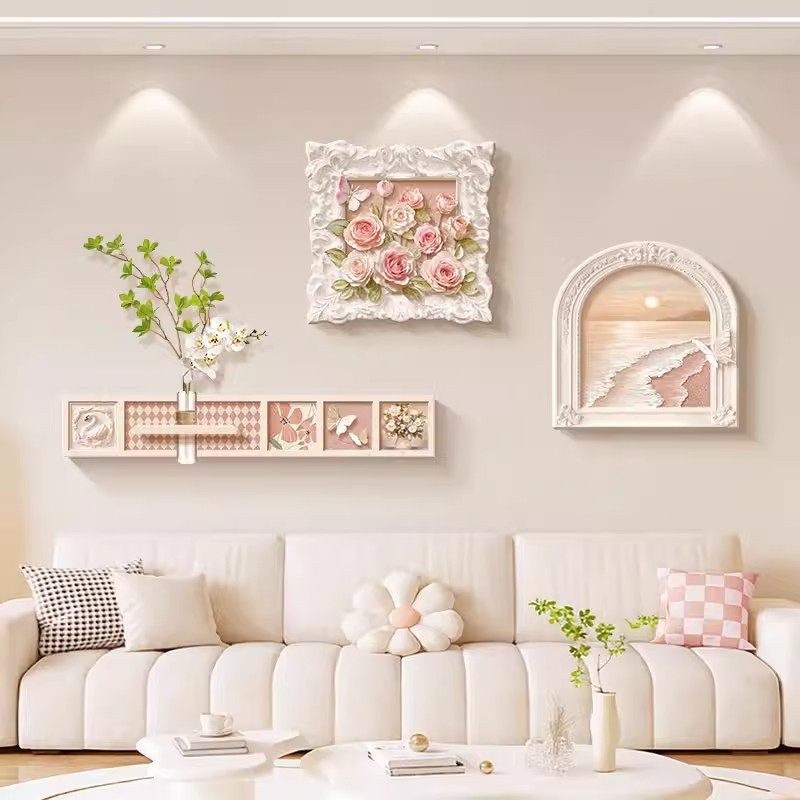 法式奶油风客厅沙发背景墙装饰画玫瑰复古肌理感挂画高级艺术壁画,家居饰品,现代装饰画,淘宝优惠券,粉丝福利购,淘宝优惠卷