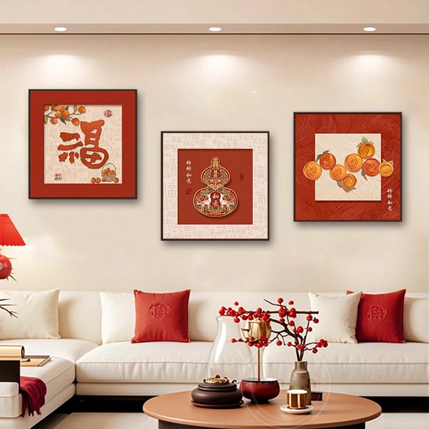 柿柿如意沙发背景墙装饰画2026马年喜庆福字客厅壁画高级三联挂画,家居饰品,现代装饰画,淘宝优惠券,粉丝福利购,淘宝优惠卷