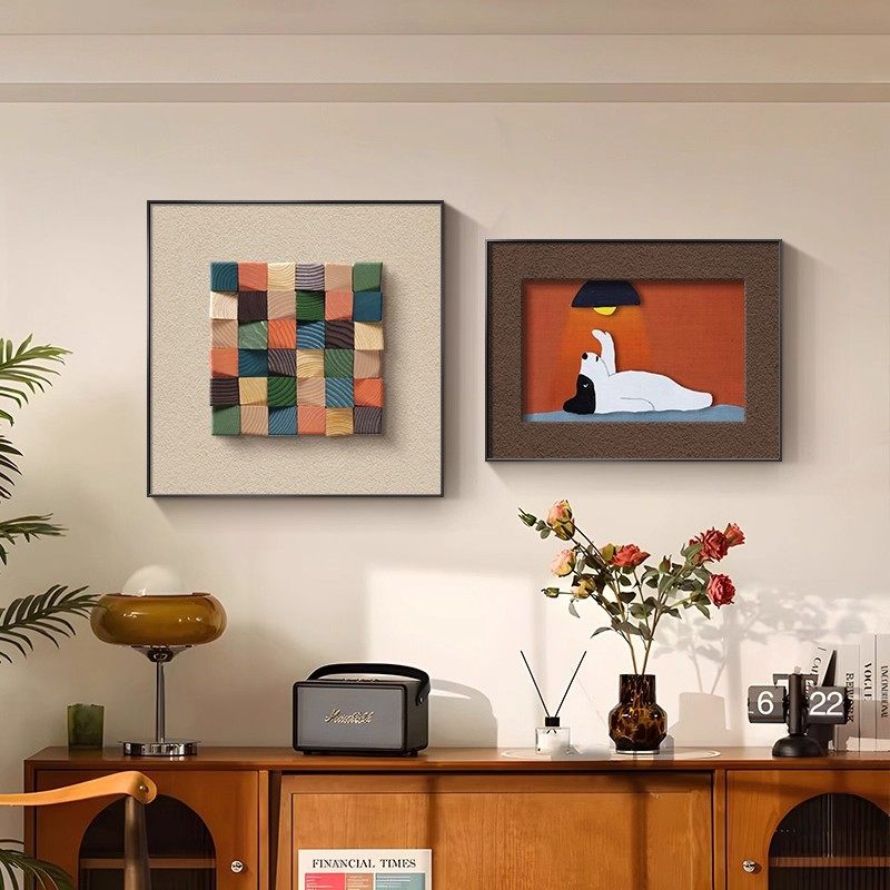 多巴胺卡通小狗客厅装饰画高级感餐厅壁画抽象沙发背景墙挂画双联,家居饰品,现代装饰画,淘宝优惠券,粉丝福利购,淘宝优惠卷