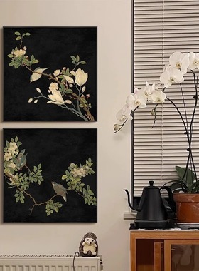 中古风客厅装饰画高级感沙发后背景墙挂画新中式复古花鸟玄关壁画