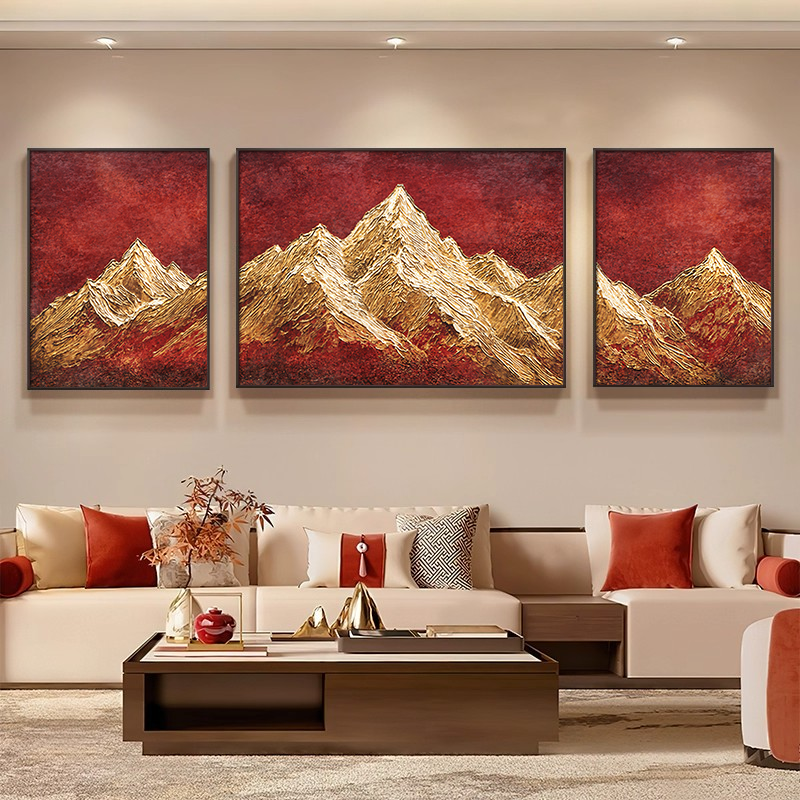 新中式客厅沙发背景墙装饰画背有靠山大气高级感挂画金山三联壁画,家居饰品,现代装饰画,淘宝优惠券,粉丝福利购,淘宝优惠卷