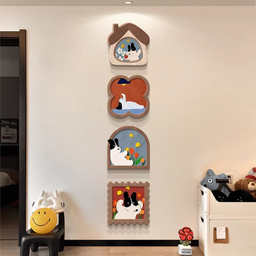 多巴胺卡通小狗客厅电视背景墙装饰画高级感入户玄关走廊过道挂画