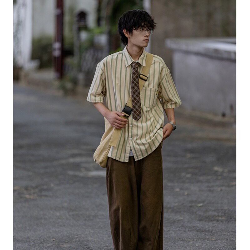 여름 3 피스 세트 일본 줄무늬 반팔 셔츠 느슨한 바지 청소년 캐주얼 정장 중학교 및 대학생 교복