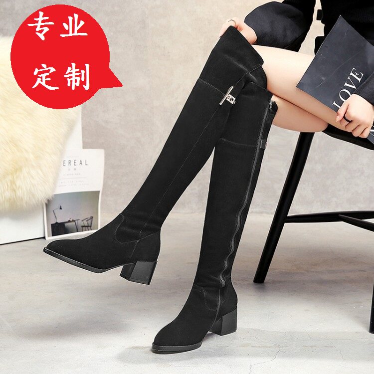大牌女靴牛皮长靴过膝靴中跟40 45大码靴大筒围女靴胖MM过膝靴