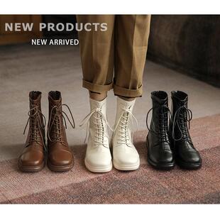 秋冬短靴女鞋新款33码单靴系带秋冬大牌靴子真皮靴单靴大码40-43