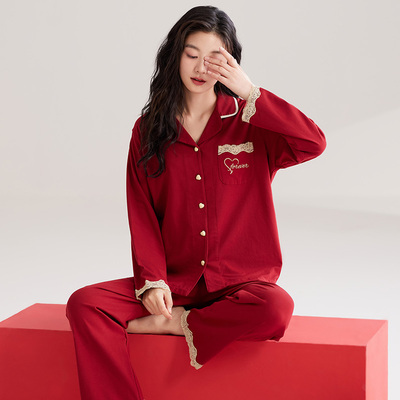 睡衣女春秋款长袖红色本命年新婚