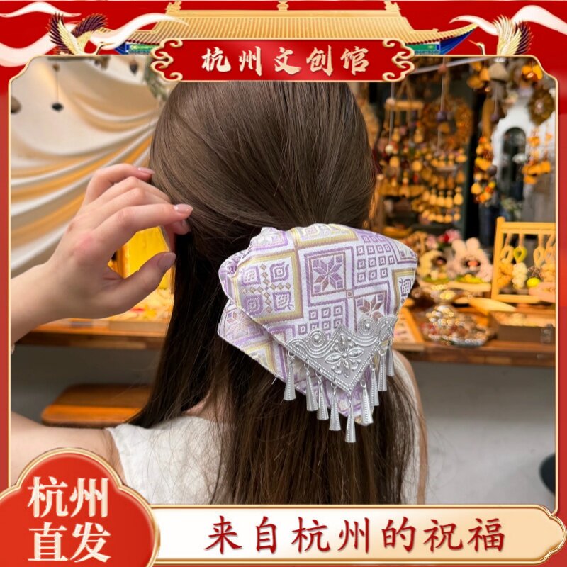 杭州正品非遗壮锦手工方巾发圈女步步生银饰品国风苗银流苏发夹图片