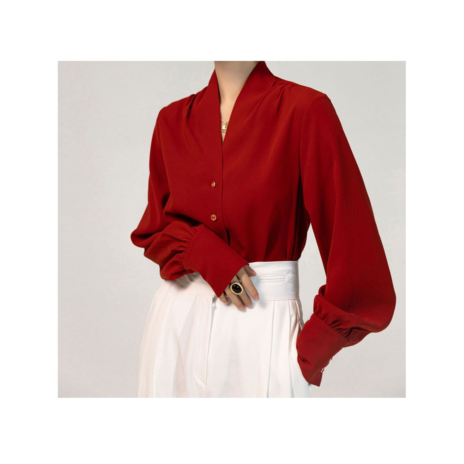 2024春秋新款复古高级感红色法式衬衫女气质港风新中式上衣女