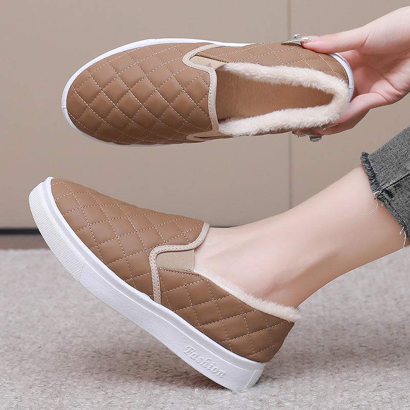 加绒加厚保暖女棉鞋平底百搭防滑休闲鞋皮面防水防滑软底耐磨棉鞋