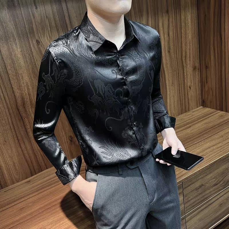 轻奢翻领长袖衬衫男春秋个性痞帅设计感花衬衫复古潮流印花上衣服