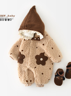 女宝宝冬季爬服新生儿毛毛花朵加厚包屁衣儿童韩版送帽子55657