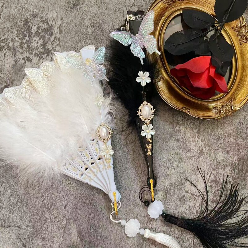 原创 白色 黑色 羽毛扇洛丽塔玫瑰花蕾丝扇 折扇 拍摄道具cos扇
