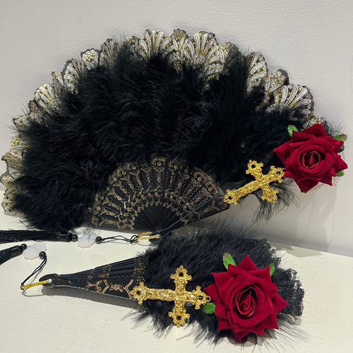 原创哥特十字架羽毛扇洛丽塔玫瑰花蕾丝扇 折扇 拍摄道具cos扇