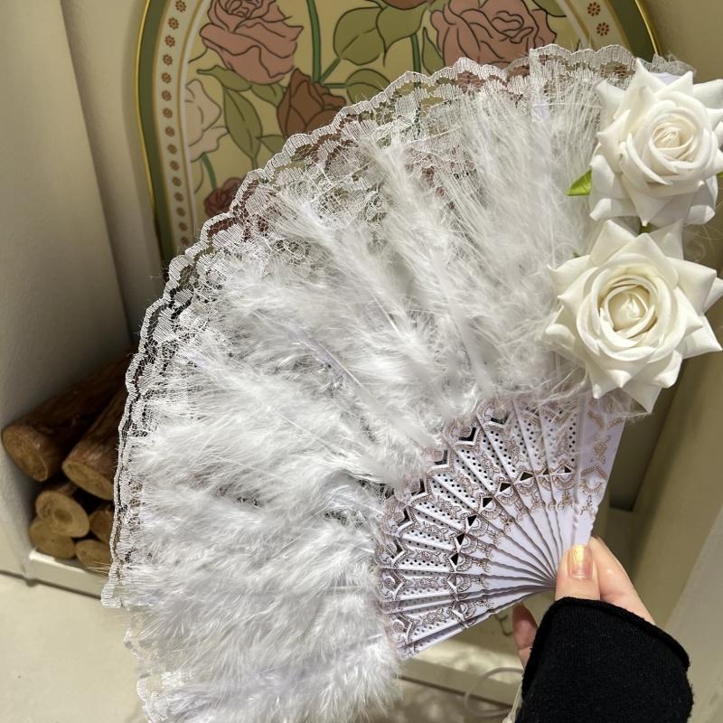 白色性感羽毛扇子折扇玫瑰花汉服走秀中式风复古团扇cos扇子道具