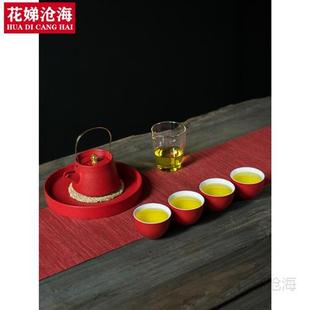 新高档拼盘餐具组合家用分格盘扇形圆桌盘子套装 悦心红色陶瓷功促