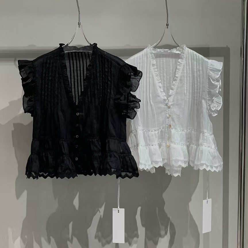 特价啦 夏新时尚V领短袖衬衫短款荷叶边飞飞袖显瘦上衣女辣妹街头