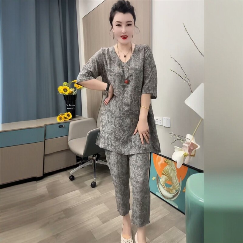 中年妈妈夏季休闲套装中长款侧开叉上衣松紧腰八分裤设计感两件套