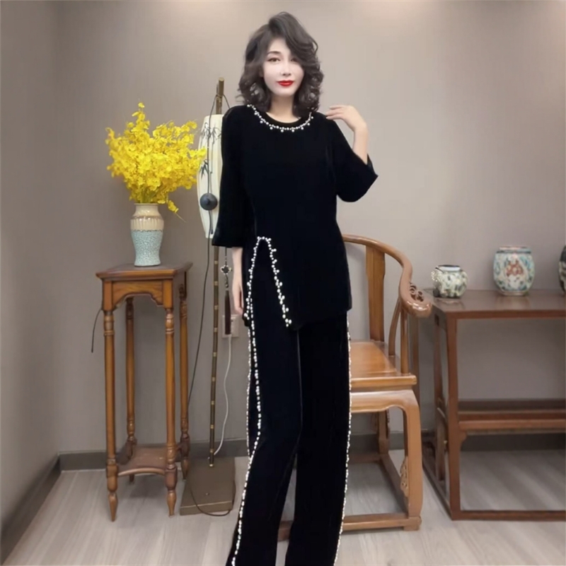 春秋款金丝绒时尚套装女七分袖上衣松紧腰阔腿裤国风钉珠两件套女