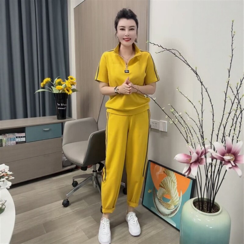 中年妈妈休闲运动套装半拉链短袖卫衣松紧腰九分裤时减龄两件套女