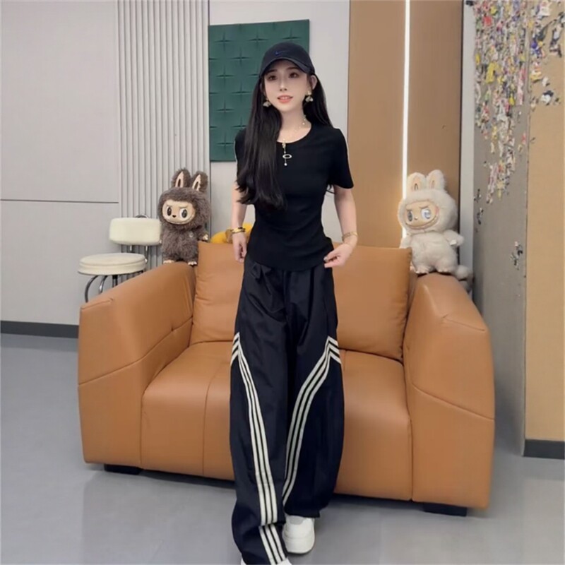 夏季新款女士休闲套装侧条纹短袖T恤松紧腰阔腿裤洋气减龄两件套.