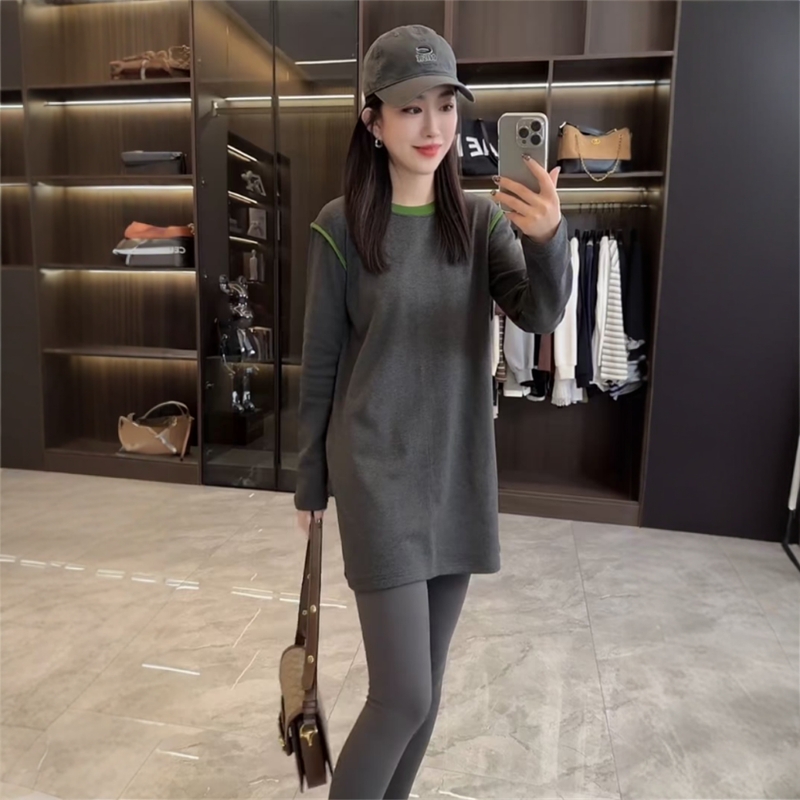 冬季新款双面绒保暖卫衣女宽松遮肚时尚洋气百搭休闲中长款大版衫