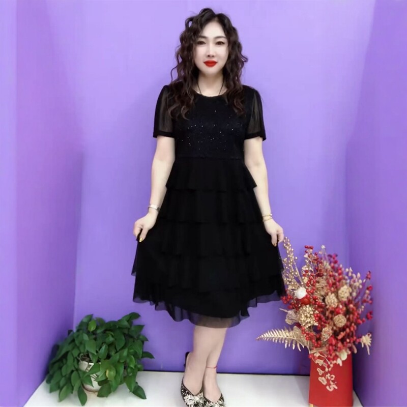 夏季款短袖圆领纯色连衣裙宽松遮肚显瘦时尚气质百搭中长款蛋糕裙