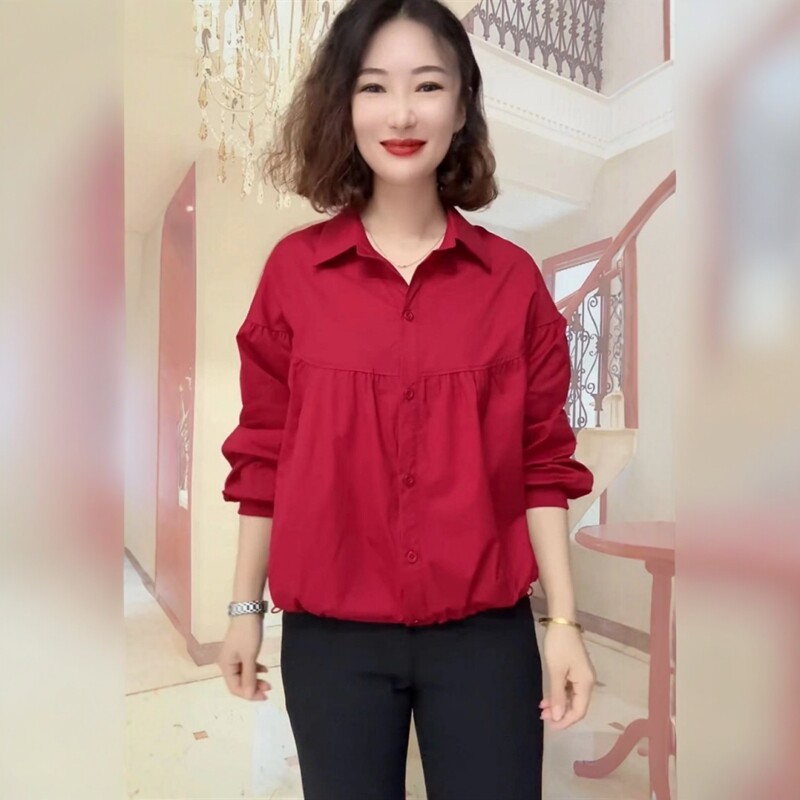 早春新款单排扣抽褶衬衫女长袖POLO领抽绳宽松遮肚时尚减龄小衫女