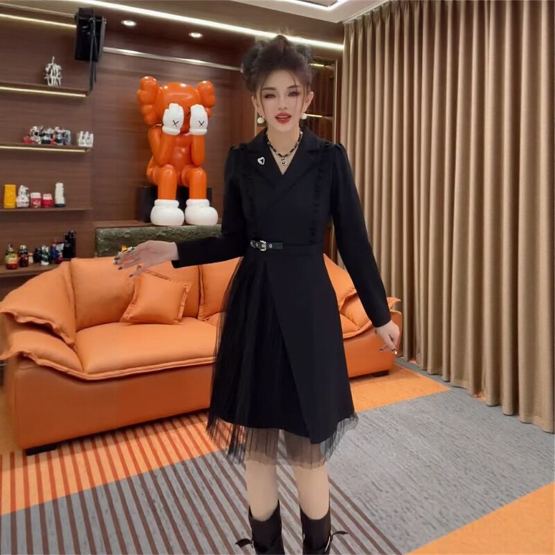 西装领网纱拼接连衣裙收腰显瘦时尚气质减龄百搭潮流木耳边中长裙
