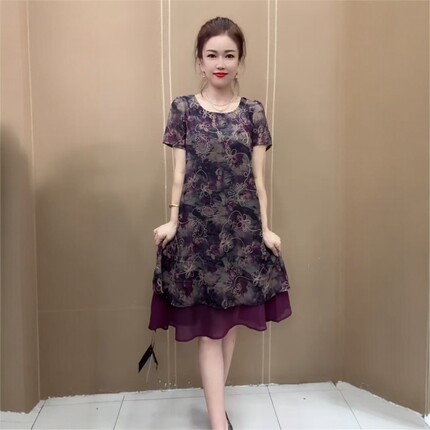 中年妈妈夏季款双层网纱连衣裙宽松遮肚时尚洋气减龄中长款碎花裙