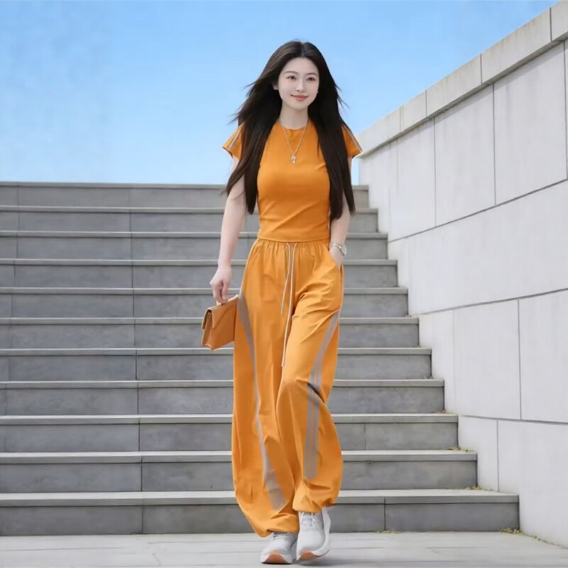 夏季新款休闲套装女纯色短袖上衣松紧腰阔腿裤时尚减龄速干两件套