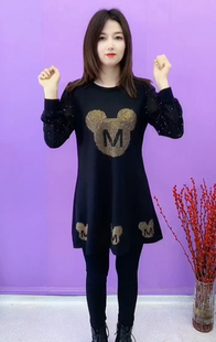 春秋新款亮钻拼接连衣裙宽松遮肚显瘦时尚洋气减龄百搭休闲中长裙