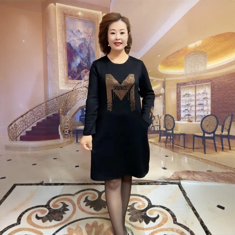 长袖圆领罗马棉连衣裙宽松遮肚显瘦时尚减龄百搭轻熟风镶钻中长裙