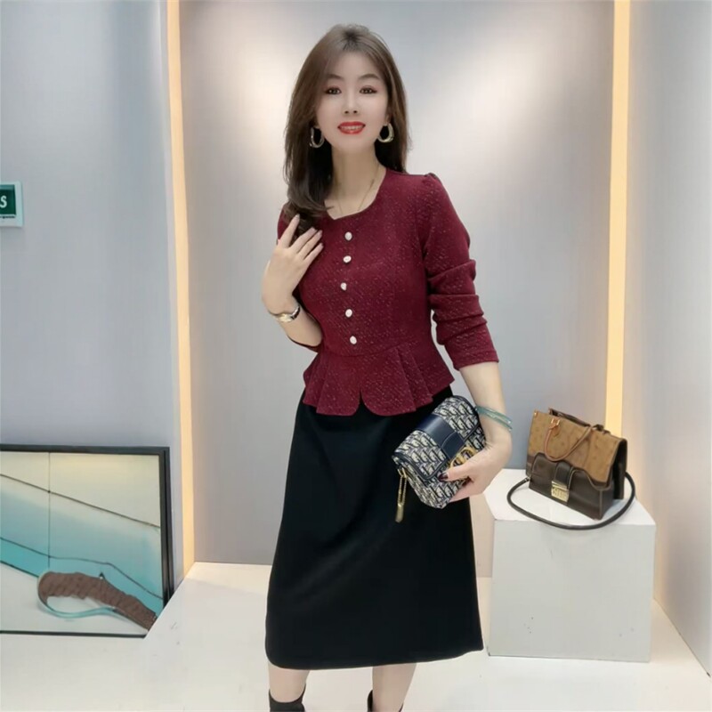 女士新款拼接假两件连衣裙收腰显瘦时尚气质百搭减龄中长款打底裙