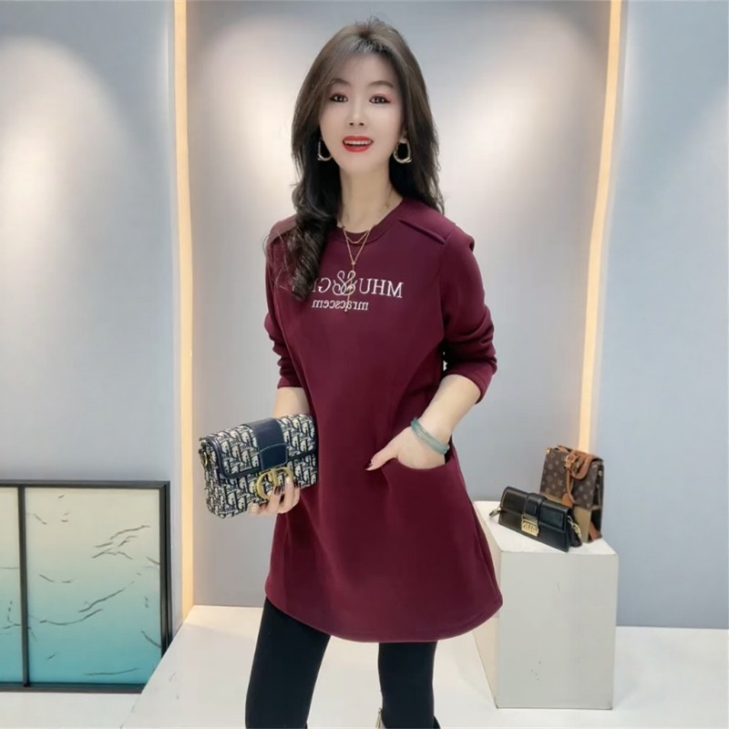 冬季新款加绒保暖卫衣女刺绣字母时尚减龄百搭休闲中长款大版衫女