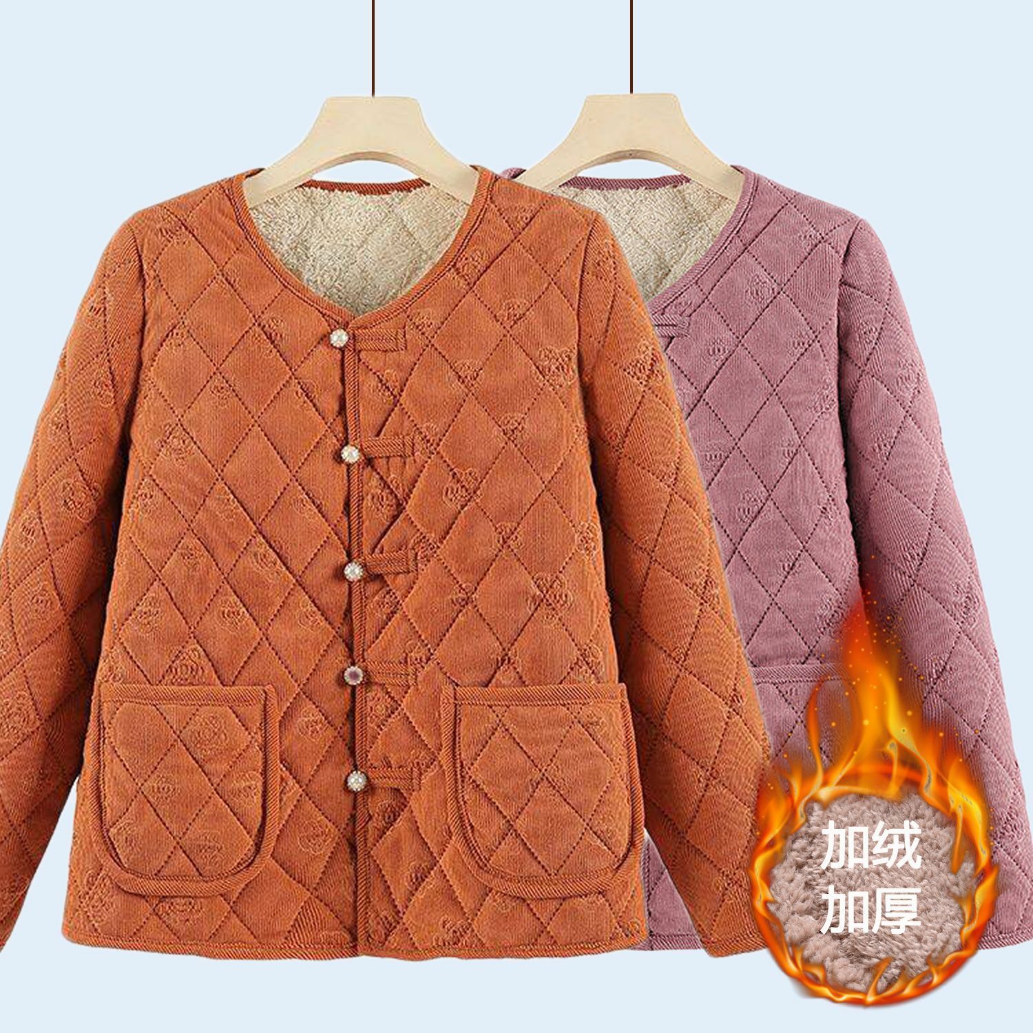 冬装妈妈短款纯色袄中老年女装无领加厚棉衣灯芯绒老奶奶条绒棉服