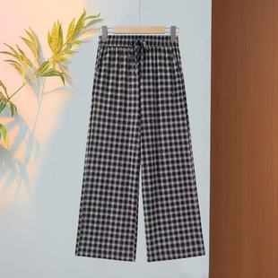 复古格子阔腿裤 女夏季 款 蕾丝边拼接高腰显瘦慵懒风宽松直筒拖地裤