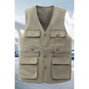 外穿马夹 多口袋坎肩厚款 春秋中老年马甲男士 纯棉钓鱼背心爸爸大码