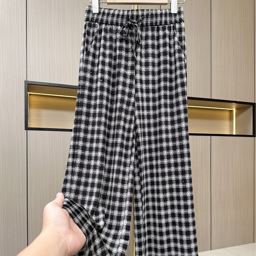 夏季新款高腰冰丝垂感休闲裤女中年妈妈装宽松薄款阔腿裤格子长裤